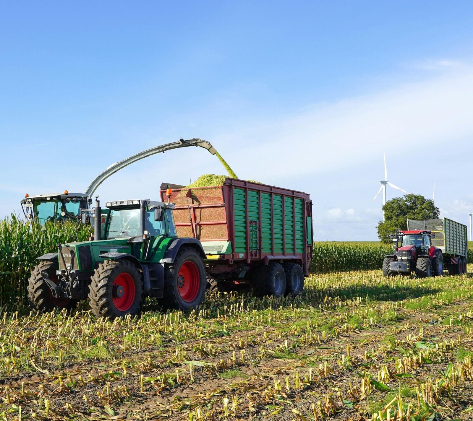 Tractors harvesting corn in a field with wind turbines, Hohnstorf, Germany.